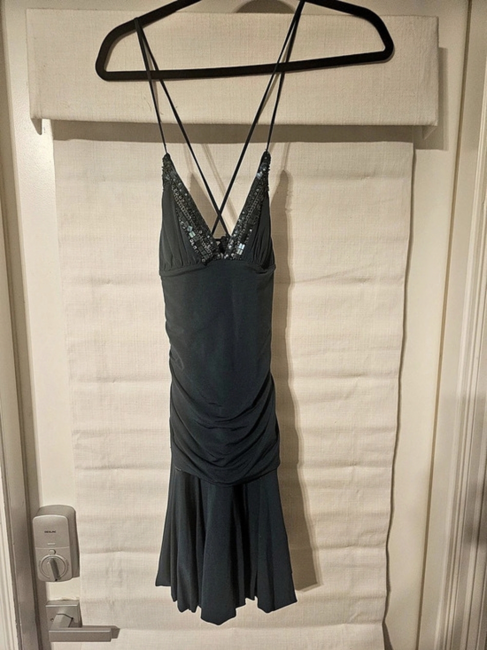 BCBGMAXAZRIA Ruffle Dress Ruched Sequin Mini Dress in Blue Size Medium